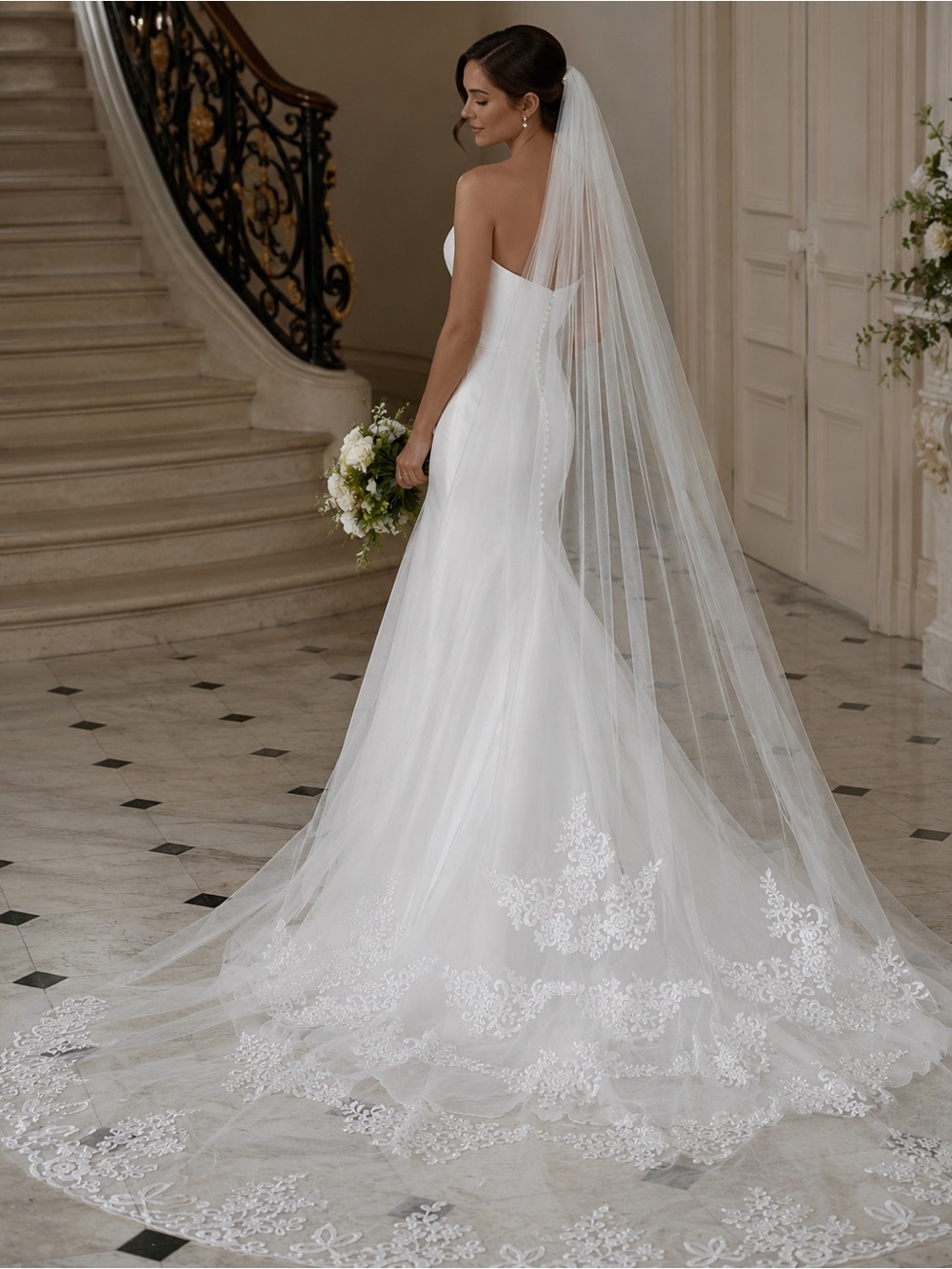 New White Cathedral Bridal Veil with Lace Appliqué & Comb Wedding Veil - Picture 1 of 5